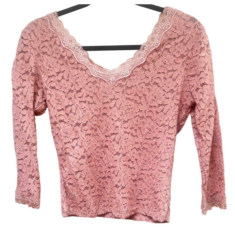 Ambiance Womens dusty rose Floral Lace V-Neck 3/4‎ Sleeve Blouse Top Size Medium